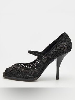Casadei Black Lace Peep-Toe Mary Jane Heels